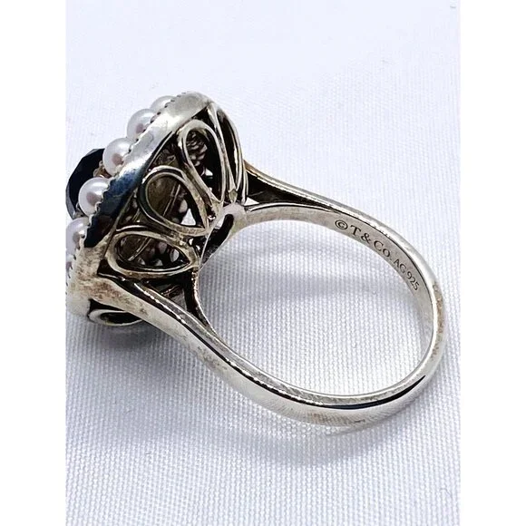 Tiffany & Co 925 Ziegfeld Pearl & Onyx Cocktail Circle Ring sz 8 - Picture 9 of 9
